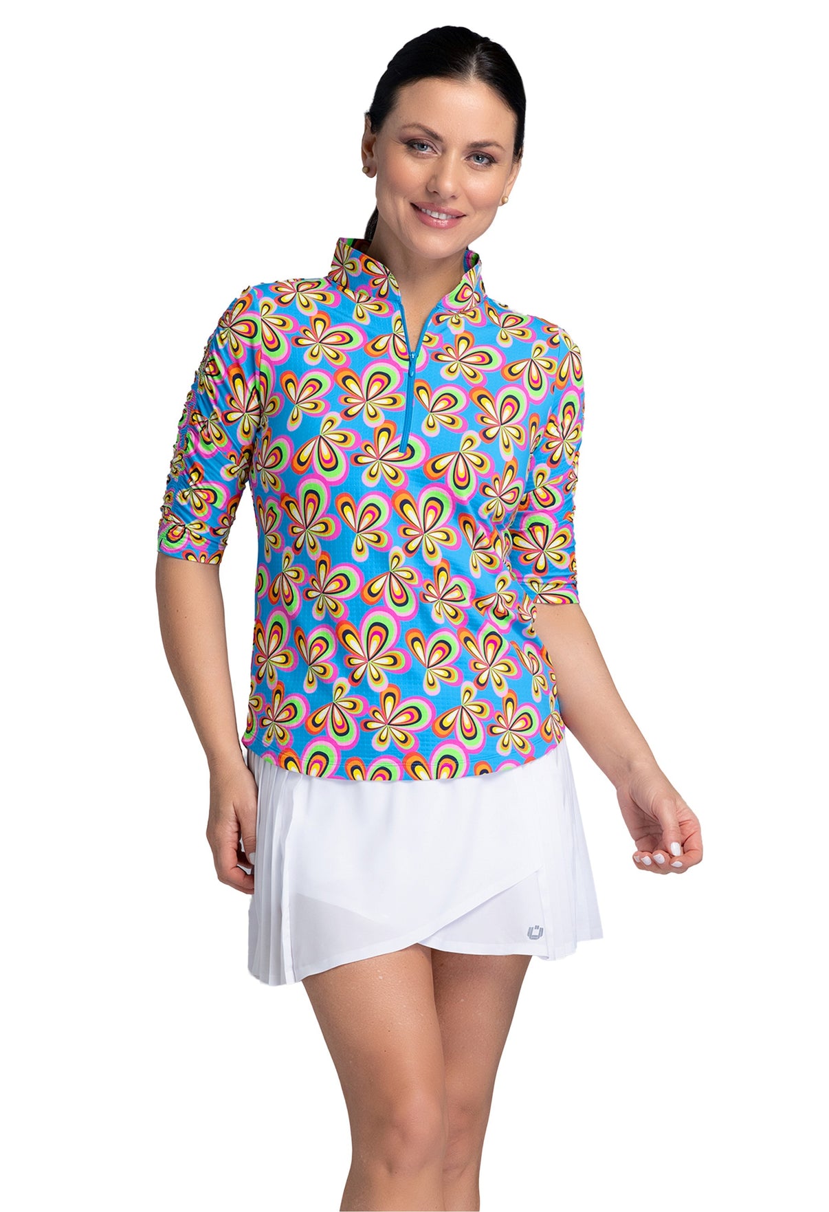 IBKÜL - Arya Print Ruched Elbow Sleeve Mandarin Collar Top - Color: Turquoise Multi
