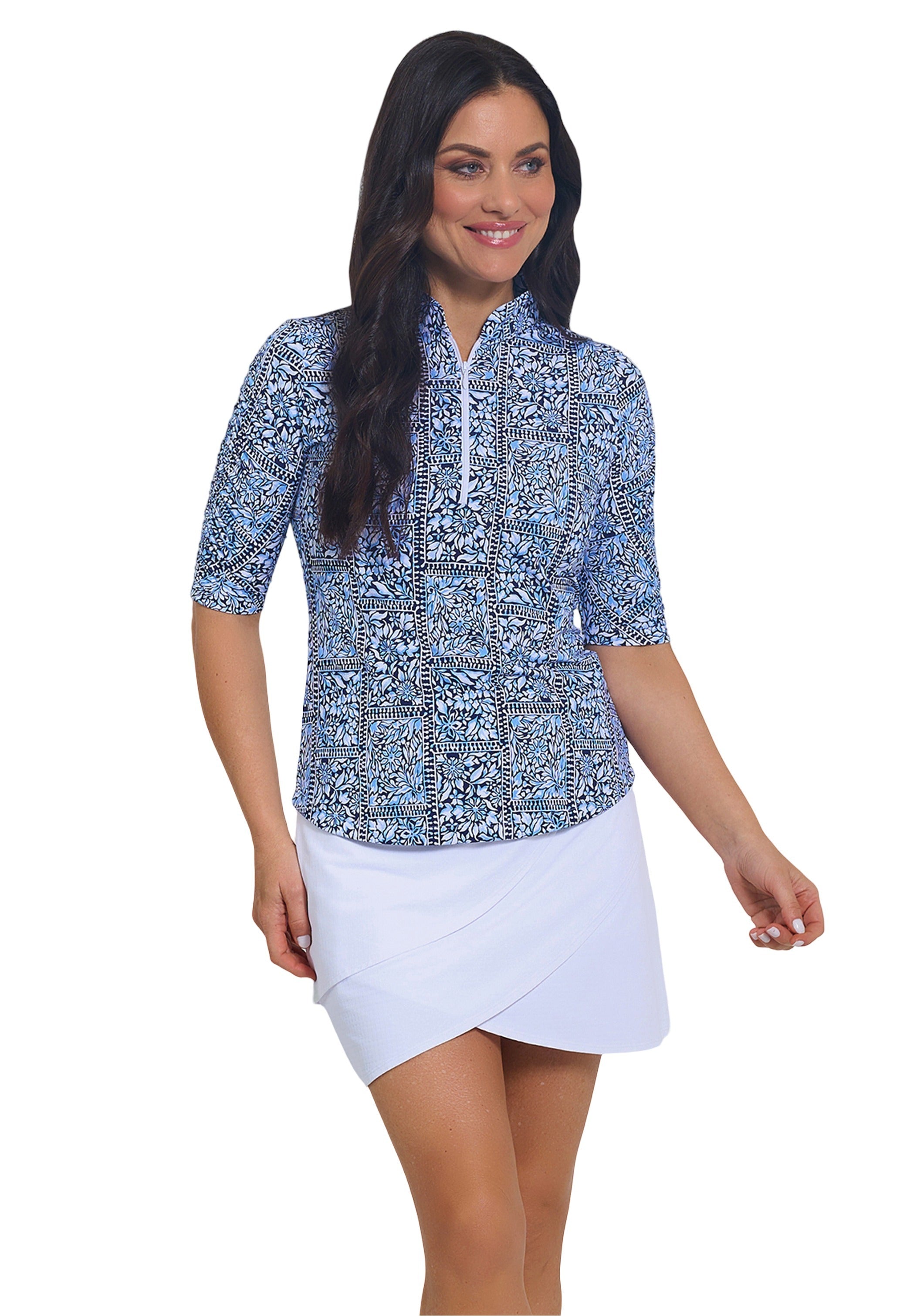 IBKÜL - Josie Print Ruched Elbow Sleeve Mandarin Collar Top - Color: Navy/Peri