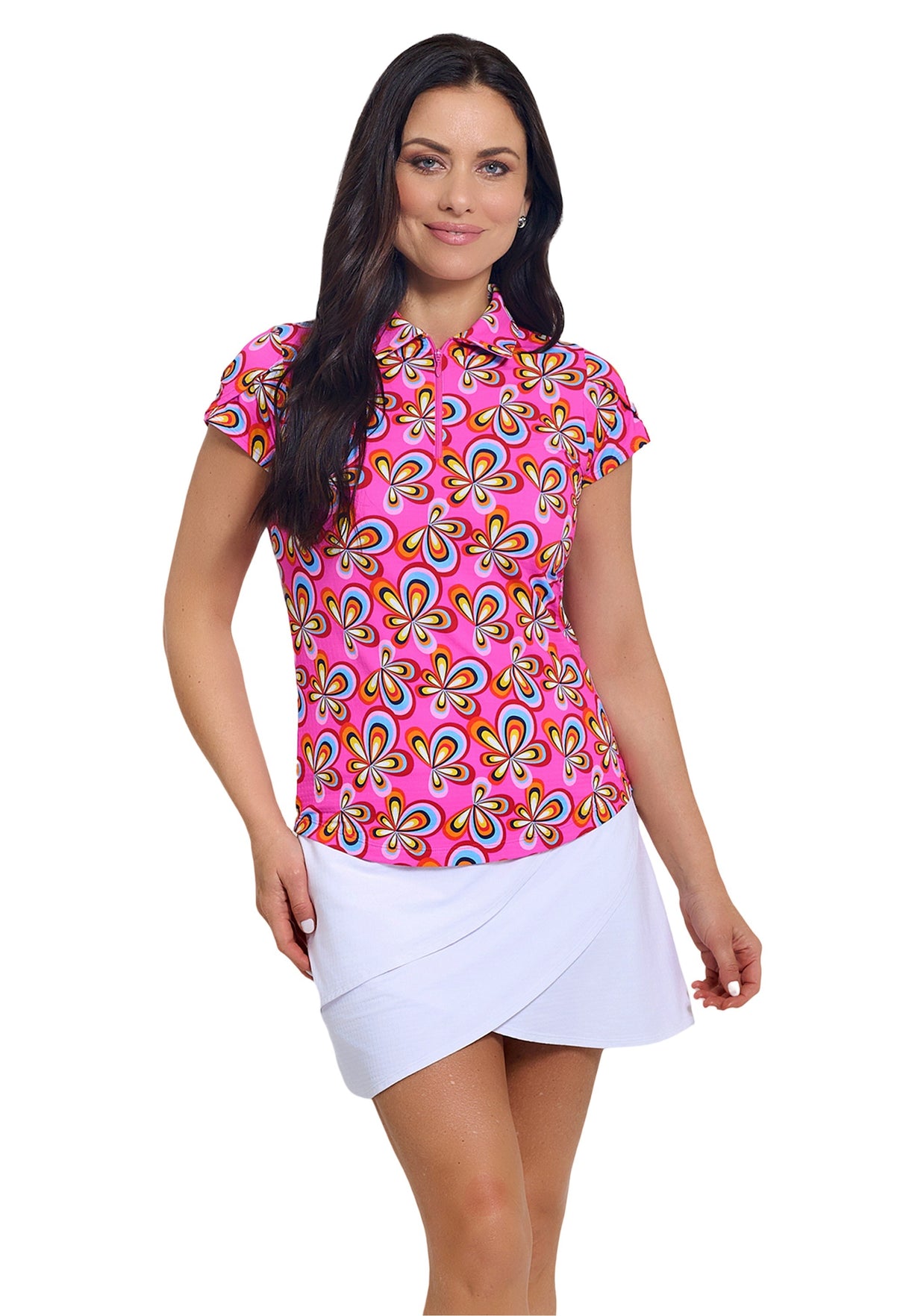 IBKÜL - Arya Print Tulip Sleeve Polo - Color: Hot Pink Multi