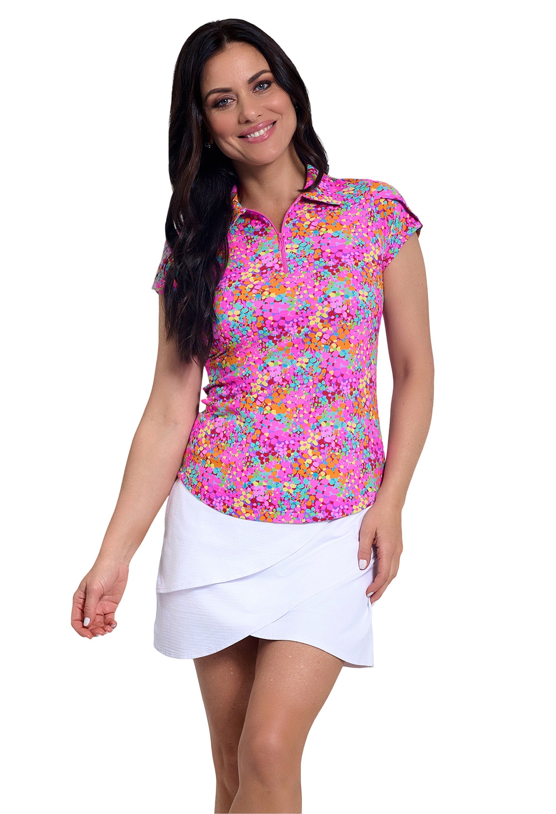 IBKÜL - Allana Print Tulip Sleeve Polo - Color: Hot Pink Multi