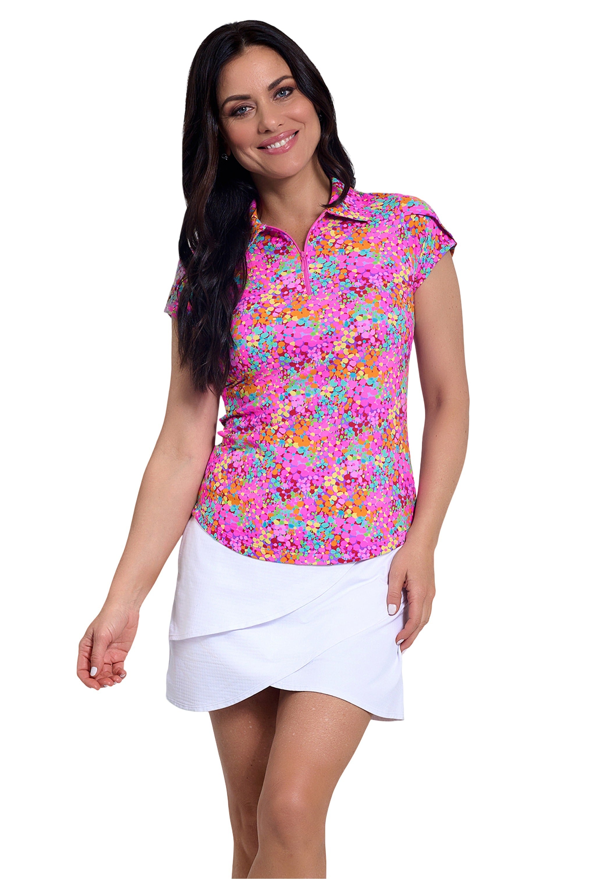 IBKÜL - Allana Print Tulip Sleeve Polo - Color: Hot Pink Multi