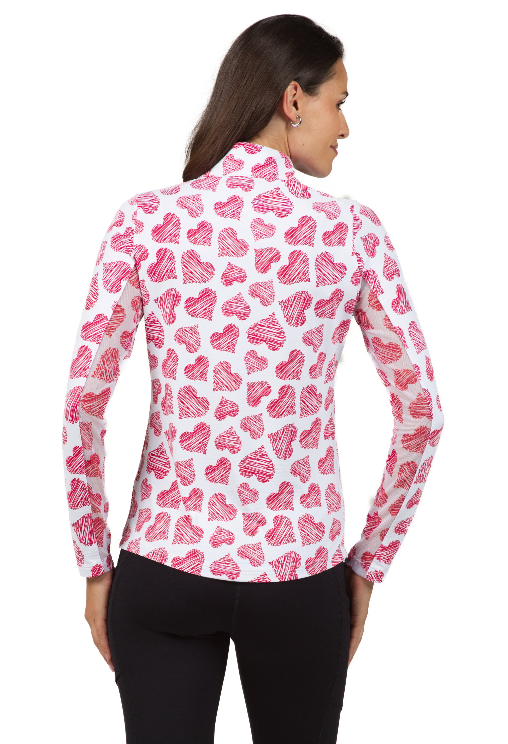 IBKÜL - Scribble Hearts Print Long Sleeve Mock Neck Top – 10489 - Color: Red/White