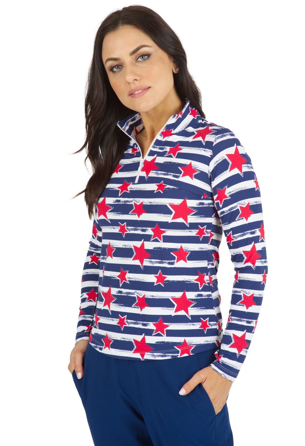 IBKÜL - Americana II Print Long Sleeve Mock Neck Top – 10490 - Color: Red/Navy