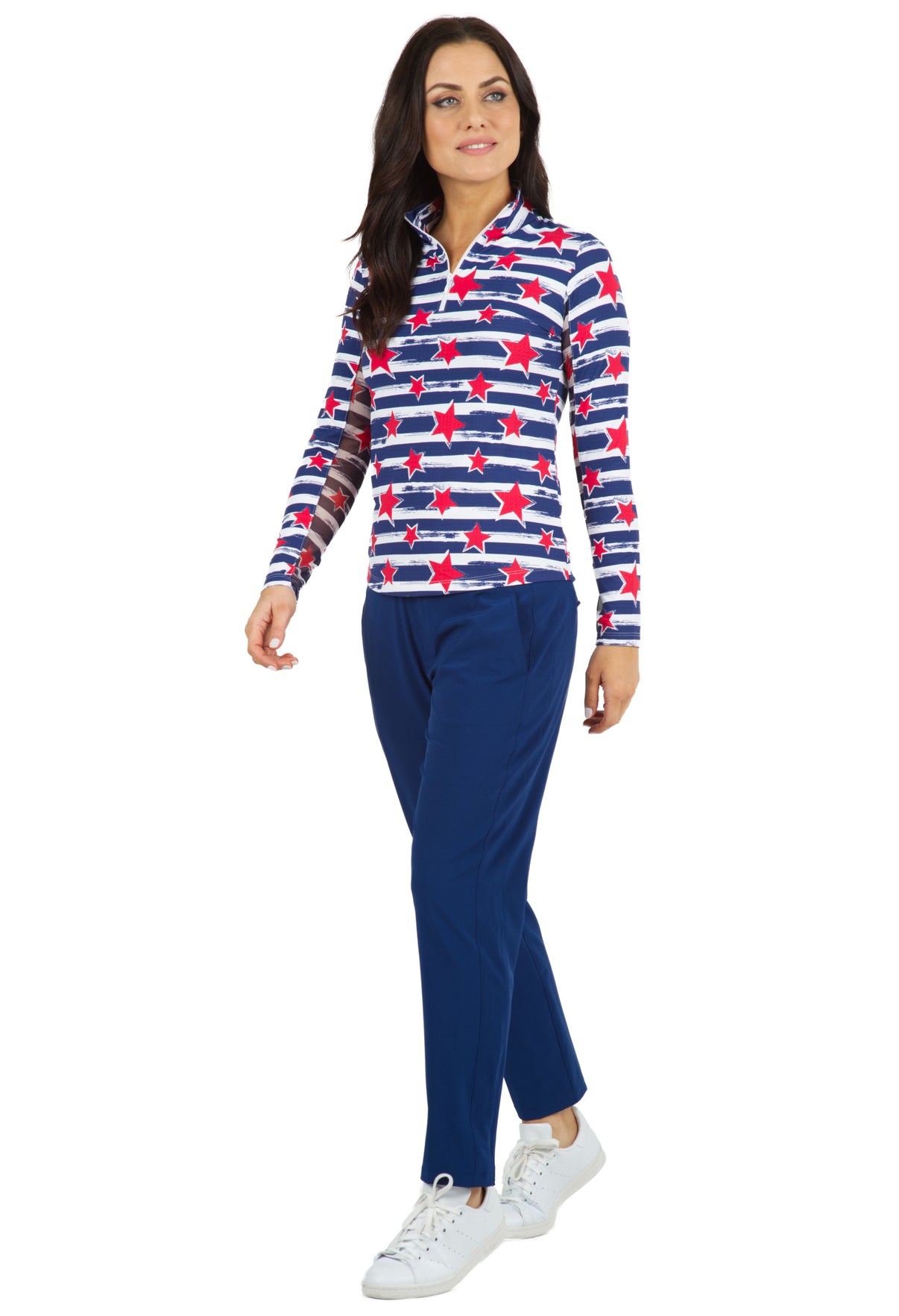 IBKÜL - Americana II Print Long Sleeve Mock Neck Top – 10490 - Color: Navy/Red