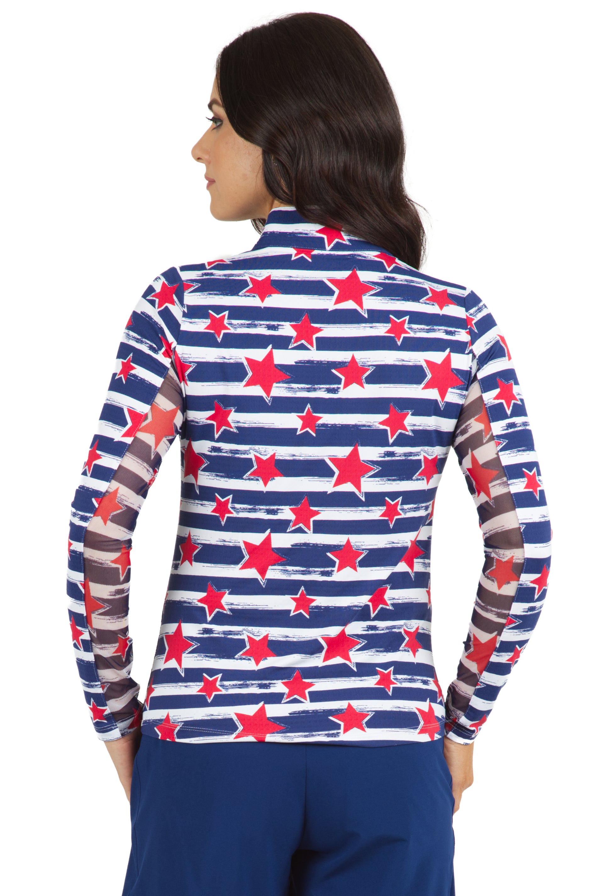 IBKÜL - Americana II Print Long Sleeve Mock Neck Top – 10490 - Color: Navy/Red