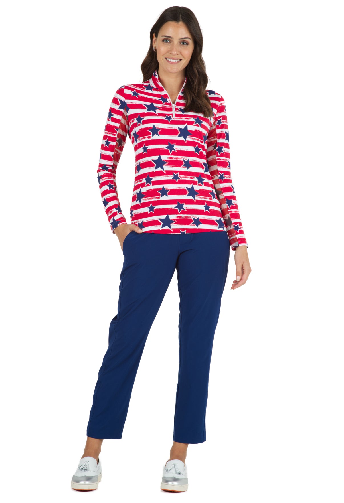 IBKÜL - Americana II Print Long Sleeve Mock Neck Top – 10490 - Color: Navy/Red
