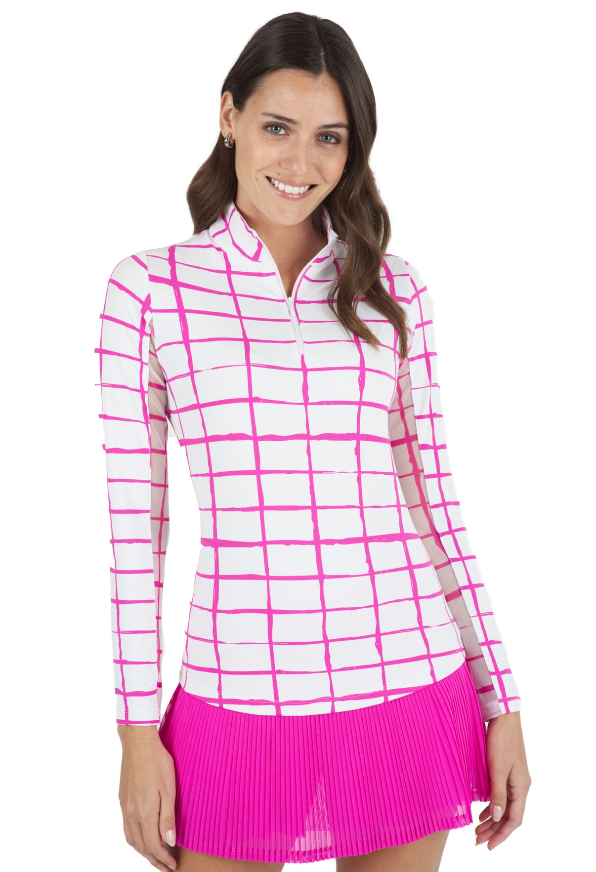 IBKÜL - Cordova Print Long Sleeve Mock Neck Top – 10495 - Color: White/Hot Pink