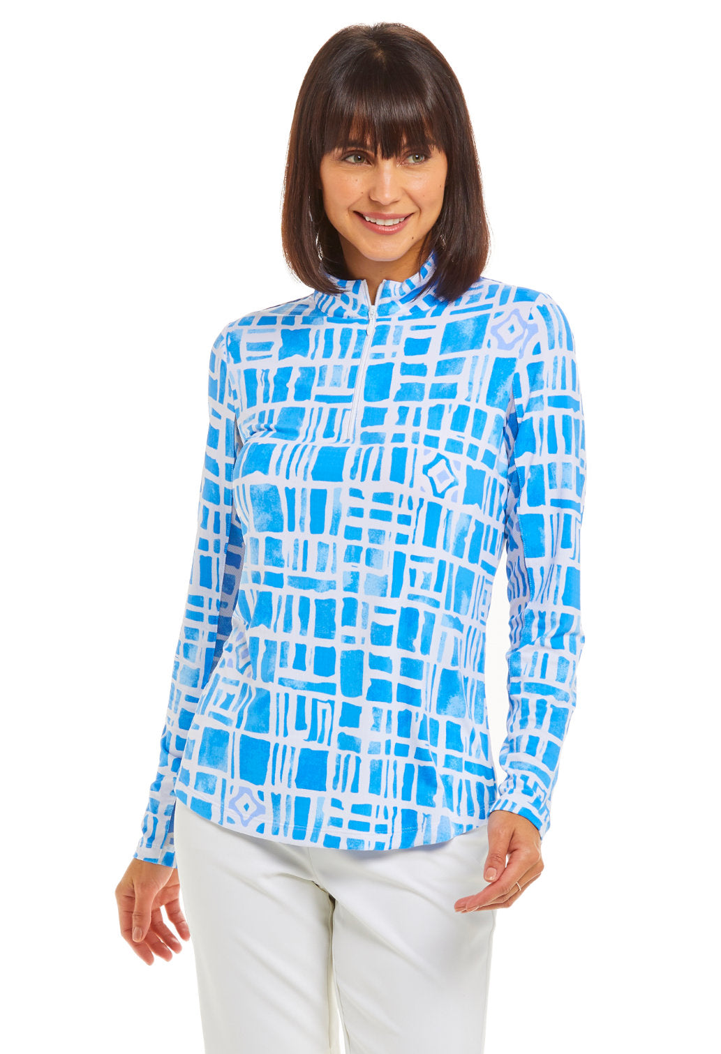 IBKUL-Womens-Out-of-The-Box-Long-Sleeve-Zip-Mock-Neck-10753-Blue-White