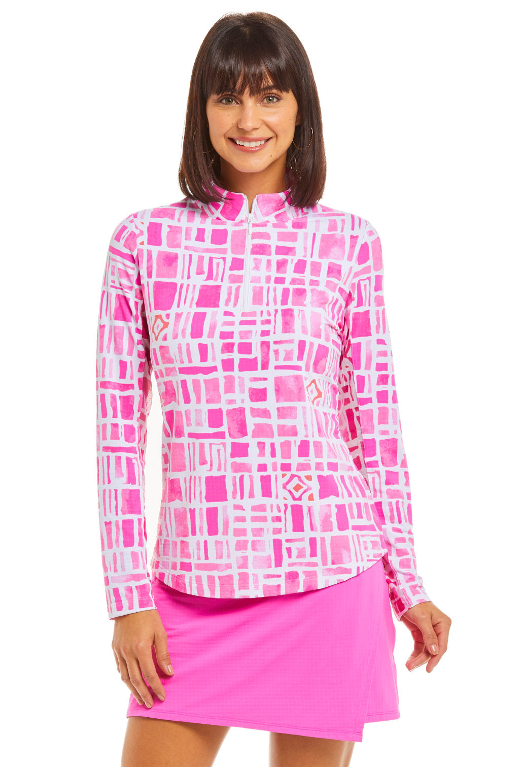 IBKUL-Womens-Out-of-The-Box-Long-Sleeve-Zip-Mock-Neck-10753-Pink-White