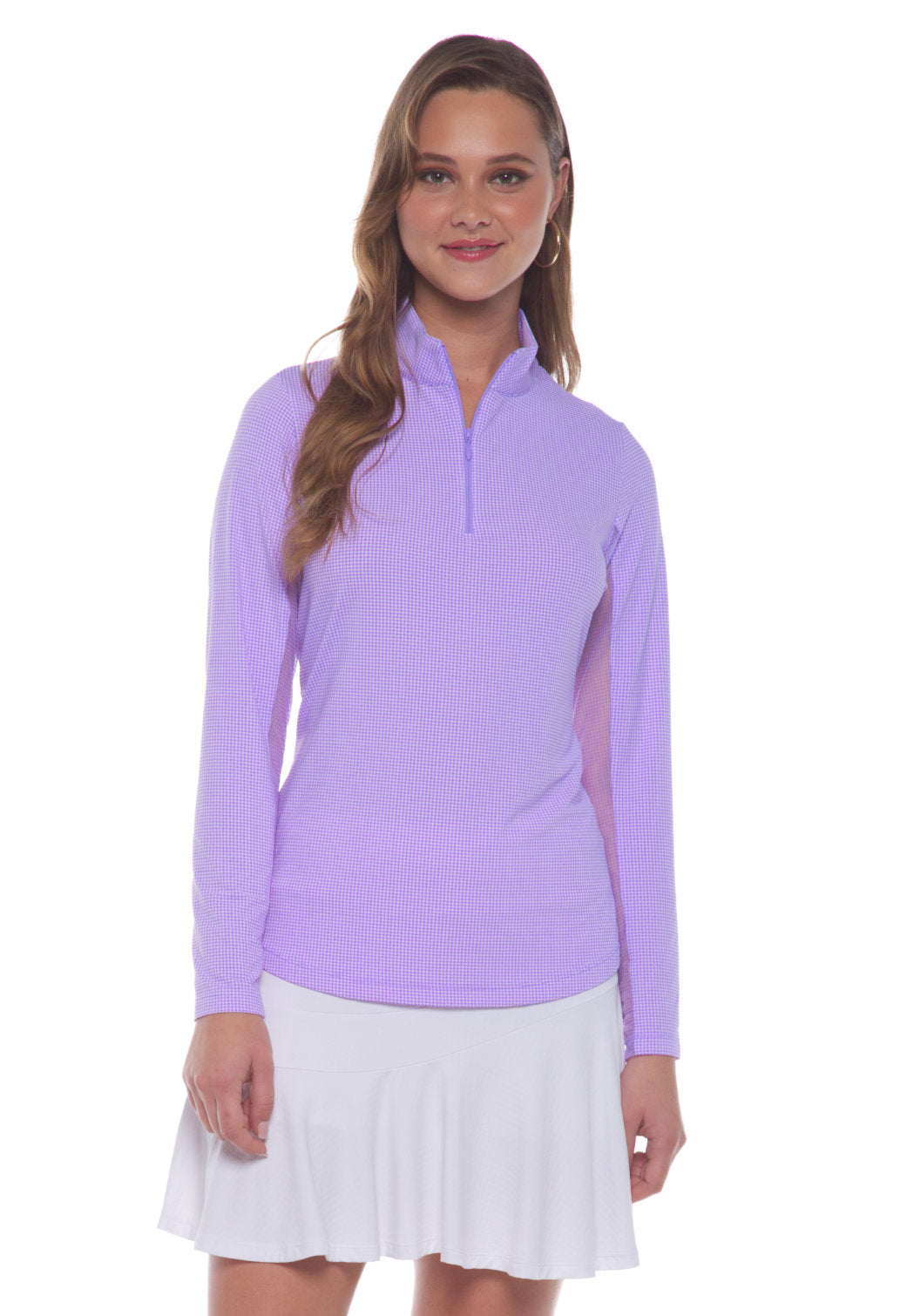 IBKÜL - Mini Check Print Long Sleeve Mock Neck Top - 10754 - Color: Lavender/White