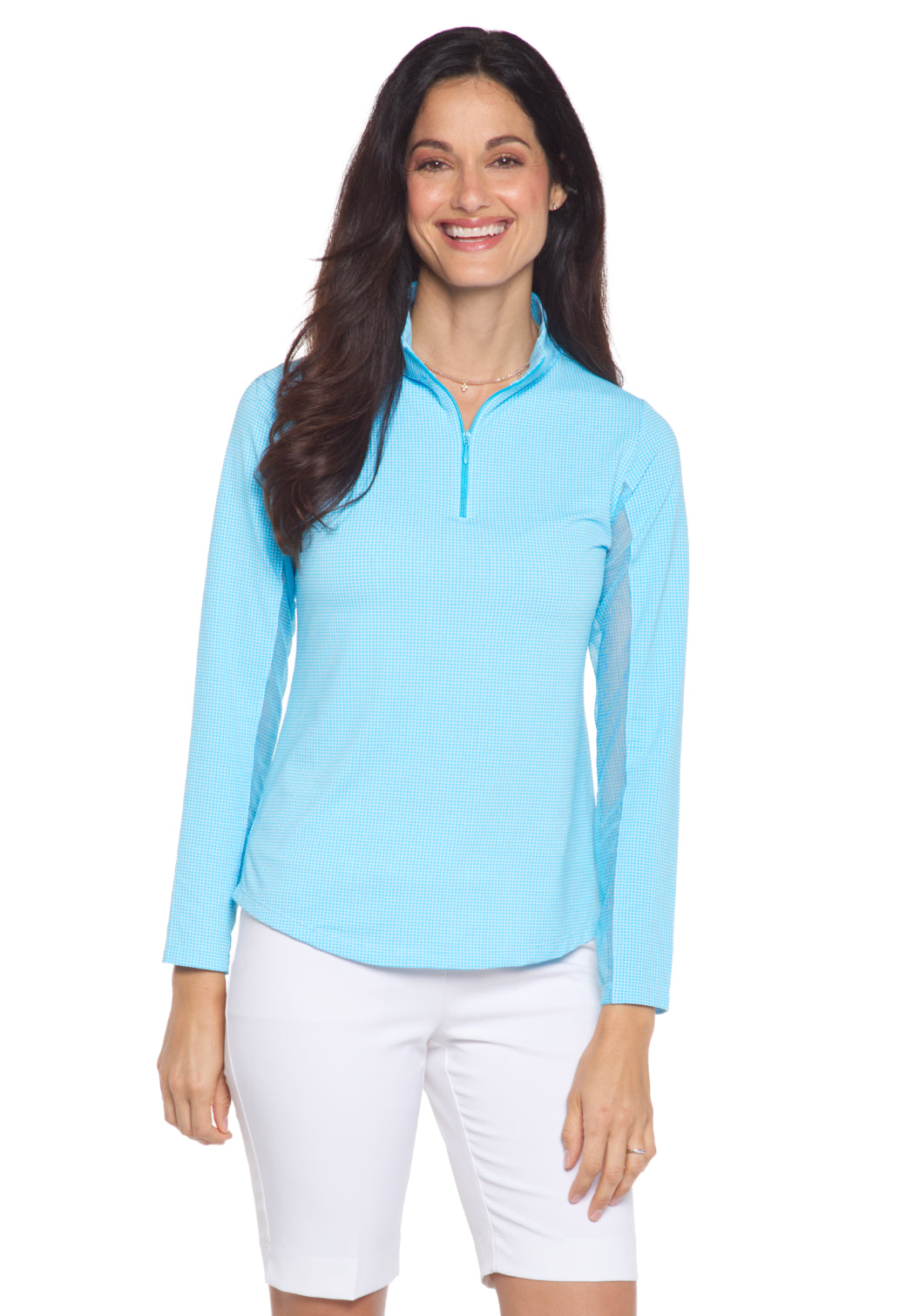 IBKÜL - Mini Check Print Long Sleeve Mock Neck Top - 10754 - Color: Turq/White