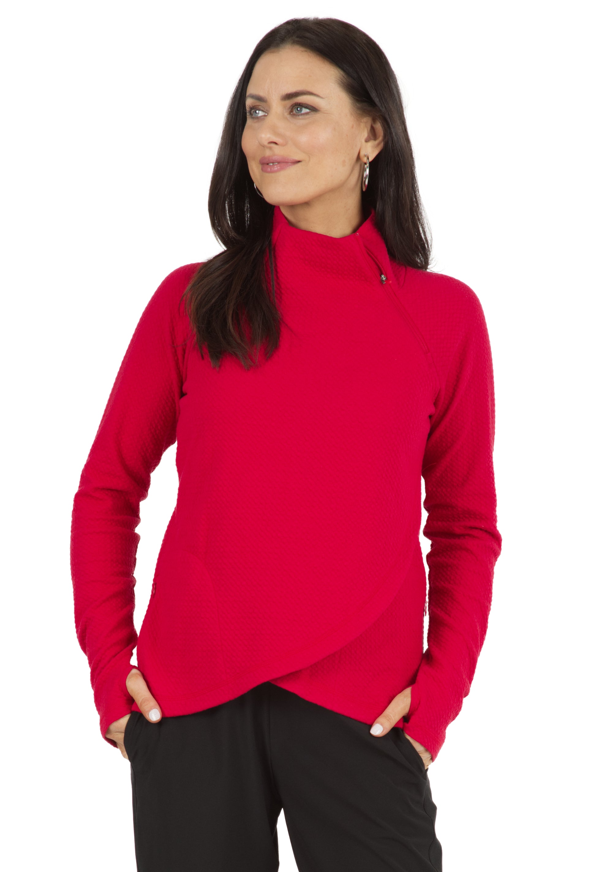 IBKÜL - Solid Popcorn Stitch Asymmetrical Zip Pullover - 64000 - Color: Red