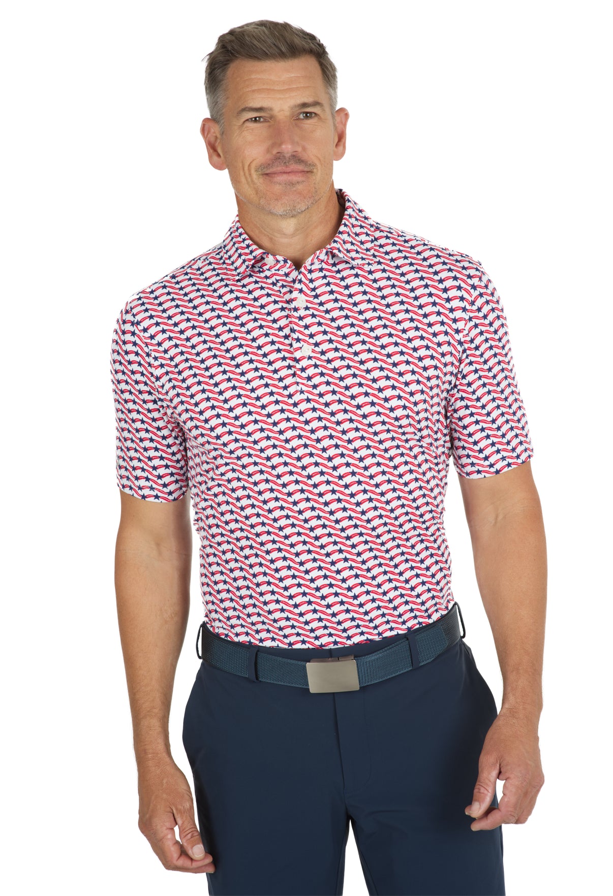 IBKÜL - Waving Stars & Stripes Print Short Sleeve Polo - 94145 (Modern Fit) - Color: Red/White