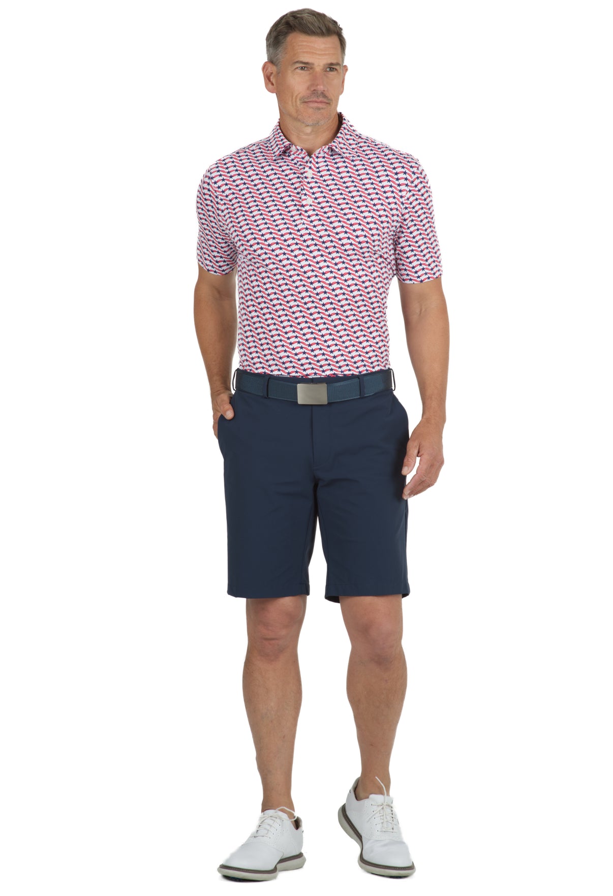 IBKÜL - Waving Stars & Stripes Print Short Sleeve Polo - 94145 (Modern Fit) - Color: Red/White