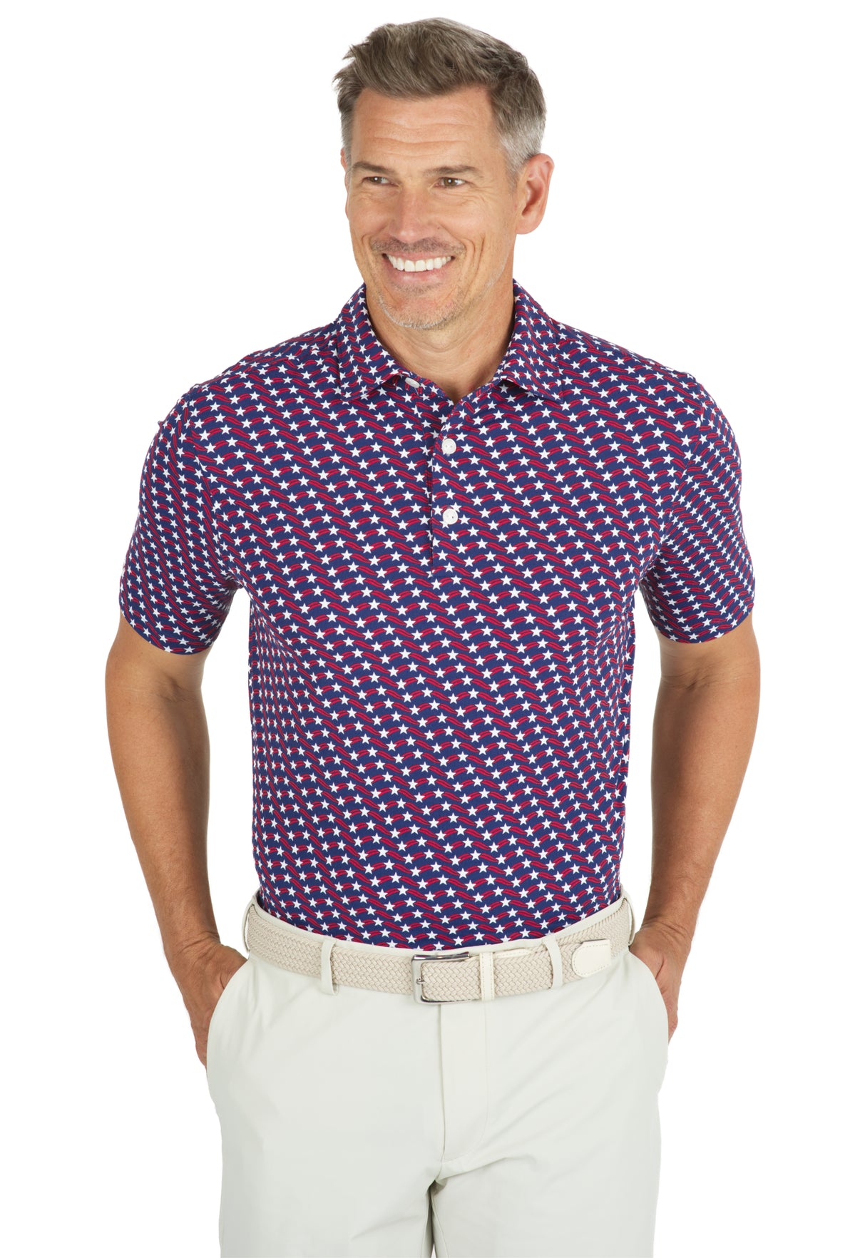 IBKÜL - Waving Stars & Stripes Print Short Sleeve Polo - 94145 (Modern Fit) - Color: Red/Ink