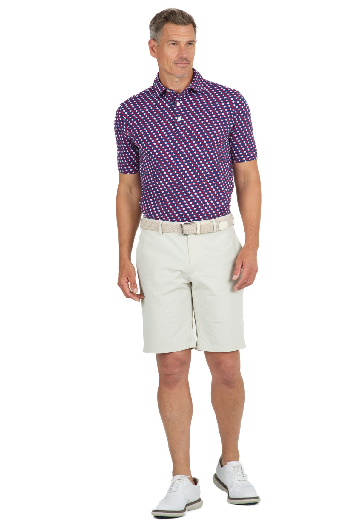 IBKÜL - Waving Stars & Stripes Print Short Sleeve Polo - 94145 (Modern Fit) - Color: Red/Ink