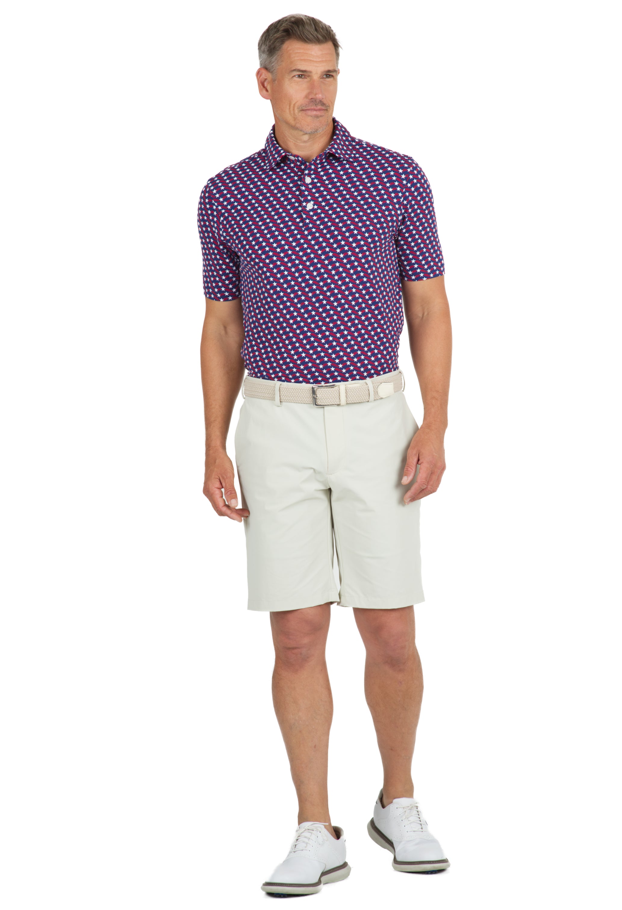 IBKÜL - Waving Stars & Stripes Print Short Sleeve Polo - 94145 (Modern Fit) - Color: Red/Ink