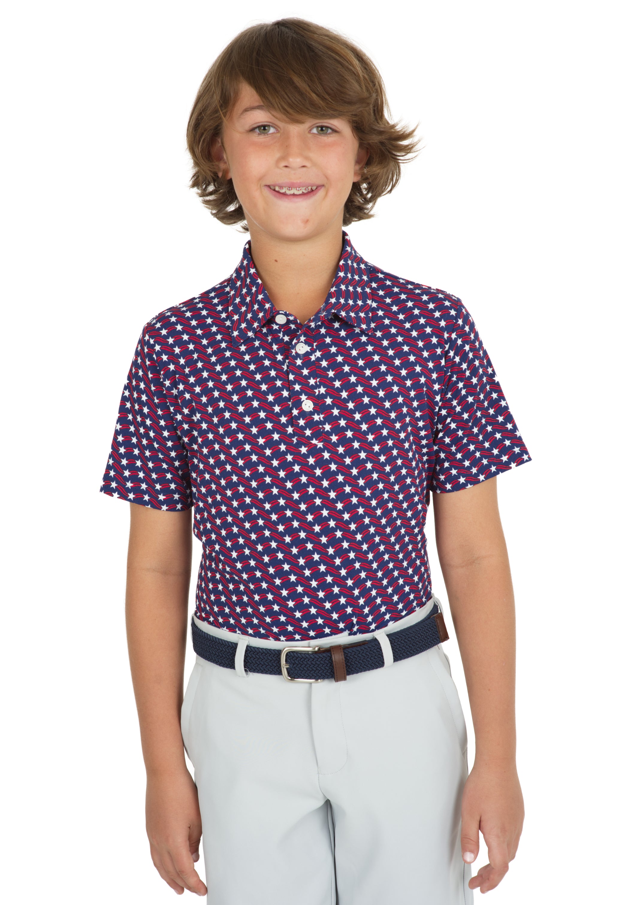 IBKÜL - Youth Waving Stars & Stripes Print Short Sleeve Polo - 94145B - Color: Red/Ink