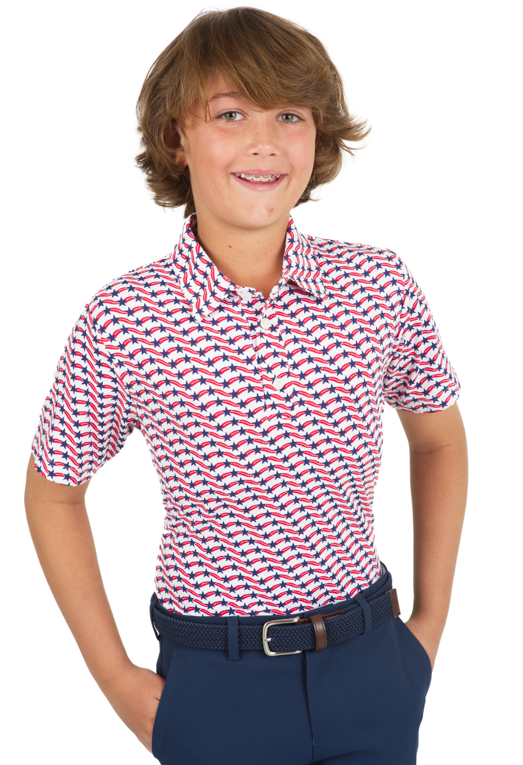 IBKÜL - Youth Waving Stars & Stripes Print Short Sleeve Polo - 94145B - Color: Red/White