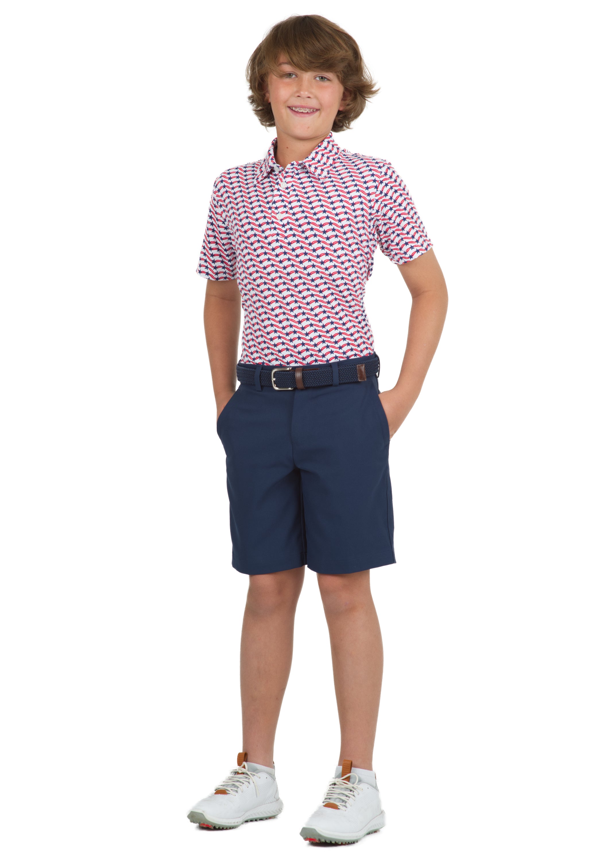 IBKÜL - Youth Waving Stars & Stripes Print Short Sleeve Polo - 94145B - Color: Red/White