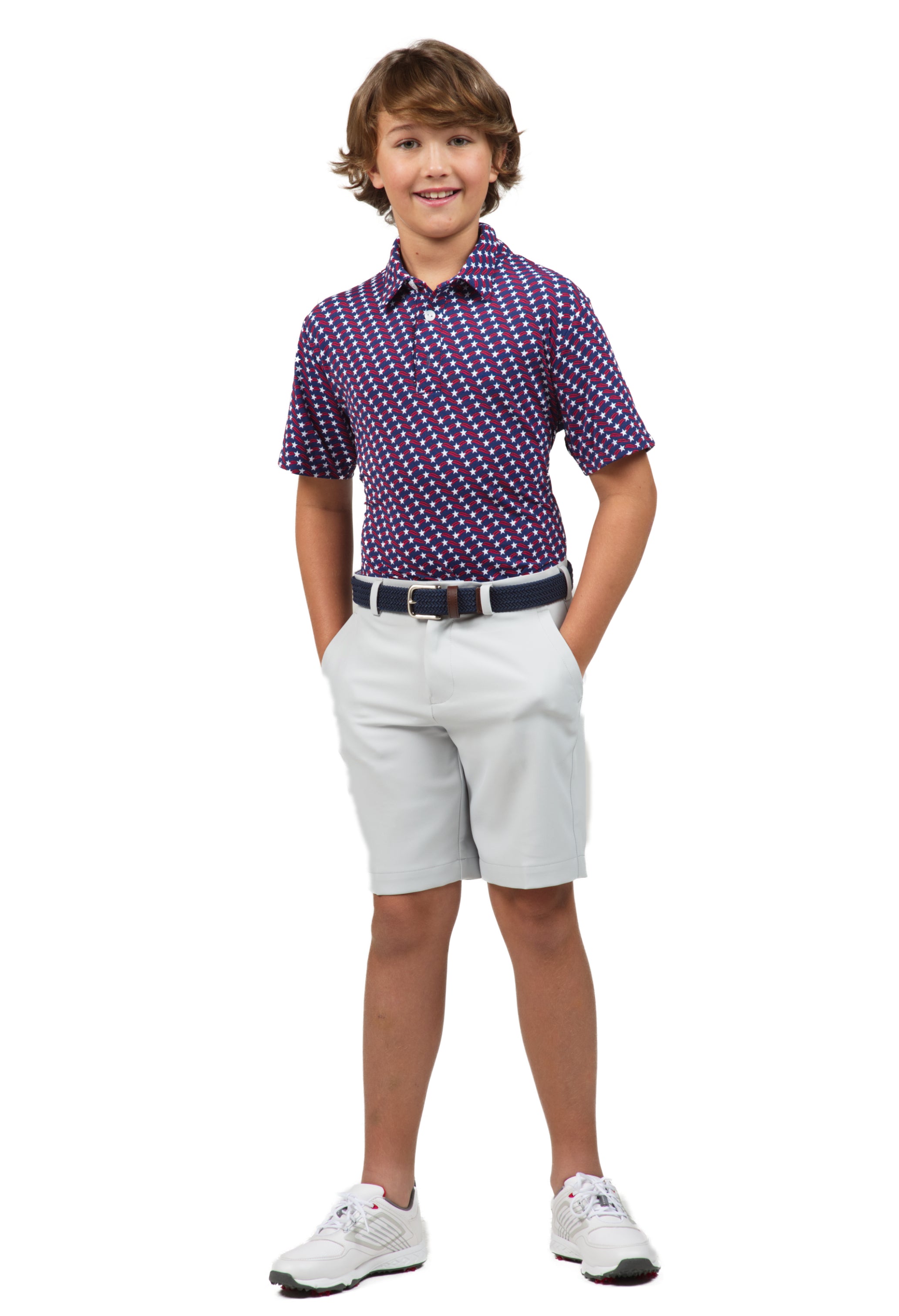 IBKÜL - Youth Waving Stars & Stripes Print Short Sleeve Polo - 94145B - Color: Red/Ink
